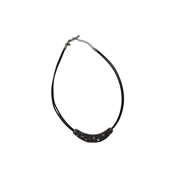 Lia Sophia- Black Rope Necklace -Antiqued Silver, Flower and Crystals (16" -19") - Picture 3 of 8